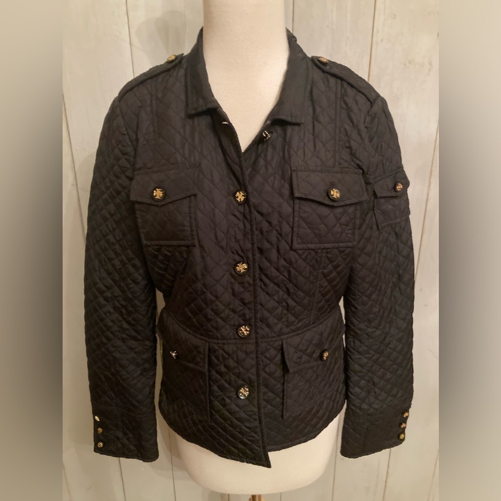 TORY BURCH Black‎ Logo T Gold Button Quilted Pocket Detail Jacket Size 8 …